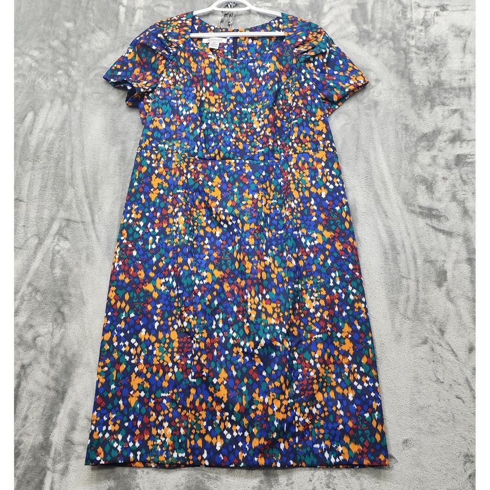 Roamans Dress Womens 14W Blue Abstract Print Short Sleeve Sheath Midi Pleated‎